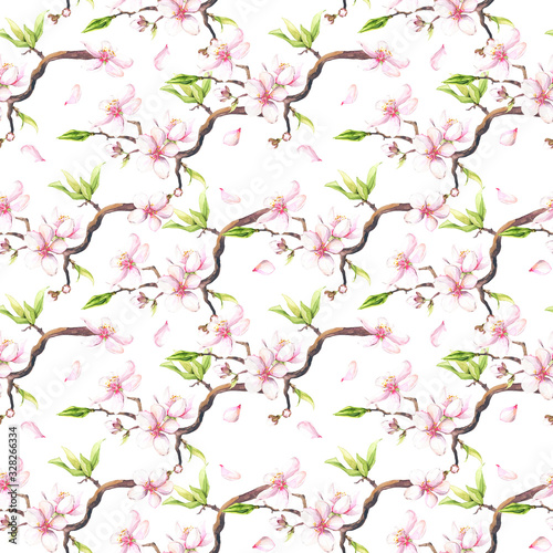Watercolor painted white cherry blossoms seamless pattern.