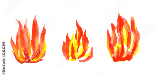 Watercolor fire set isolated on white background. Tongues of flame, template for text or lettering. Hand drawn yellow and orange aquarelle burning bonfire, campfire silhouette with sparks.