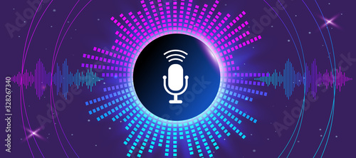 Musical banner with glowing equalizer on dark background. Voice recognition, icon microphone in center of the circle. vector Illustration.