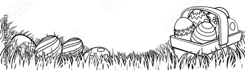 Easter background with basket or hamper full of Easter eggs in a field of grass. In black and white outline.
