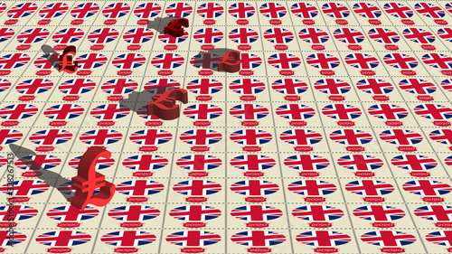 Large block of stamps with the flags of Great Britain and pound sterling signs with shadows EPS10