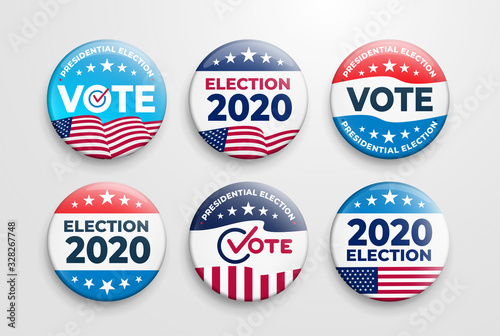 Set of 2020 United States of America presidential election button design. Voting 2020 Icon. Government, and patriotic symbolism and colors. Label vector illustration. Isolated on white background. photo