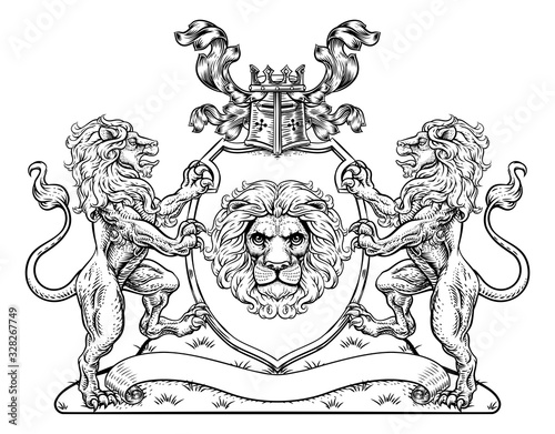 A crest coat of arms family shield seal featuring lions and knights crowned helmet