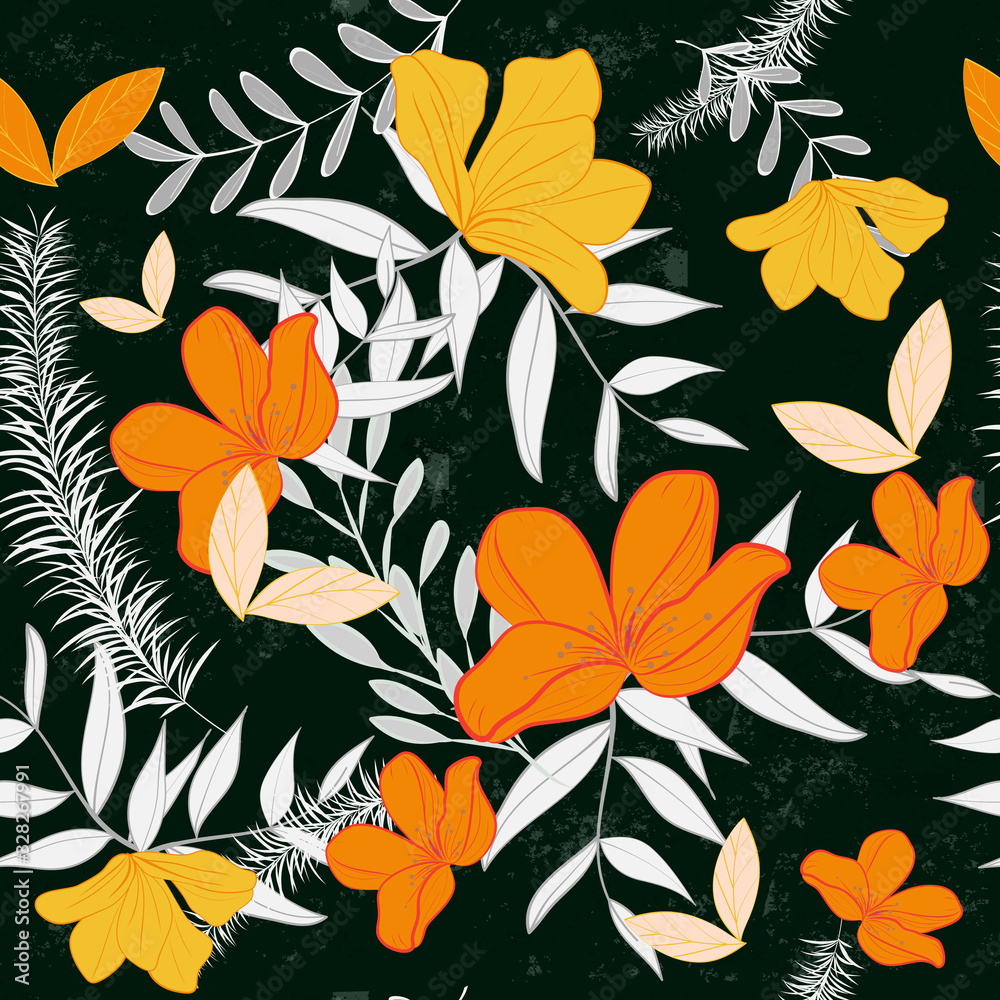 Abstract Orange flower and leaves seamless pattern