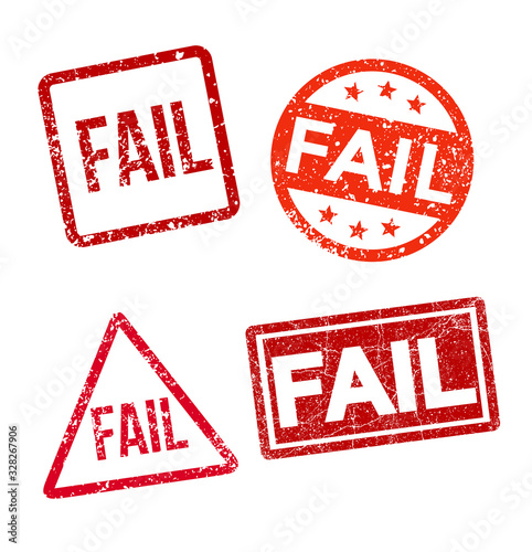 Set of fail stamp. Fail square, circle, rectangle, triangle grunge sign. Red vintage label. Vector illustration. Isolated on white background.