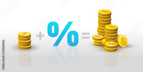 Stack of gold coins plus percent is equal to many stacks of gold coins. Pile of gold dollar coins. Cash payment.Formula of success in business and profit receiving. Isolated vector illustration.