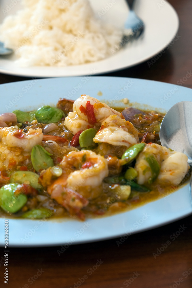 Stir fried shrimp with shrimp and Bitter bean. Southern Thai food. Stir fried shrimp with shrimp and Bitter bean. Southern Thai food.