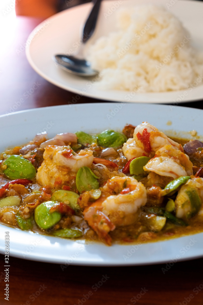 Stir fried shrimp with shrimp and Bitter bean. Southern Thai food. Stir fried shrimp with shrimp and Bitter bean. Southern Thai food.