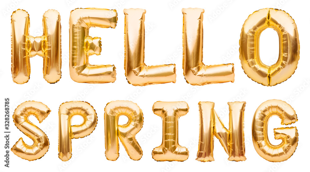 Golden words HELLO SPRING made of inflatable balloons isolated on white  background. Gold foil balloon letters, party decorations, seasonal  celebrating. foto de Stock | Adobe Stock