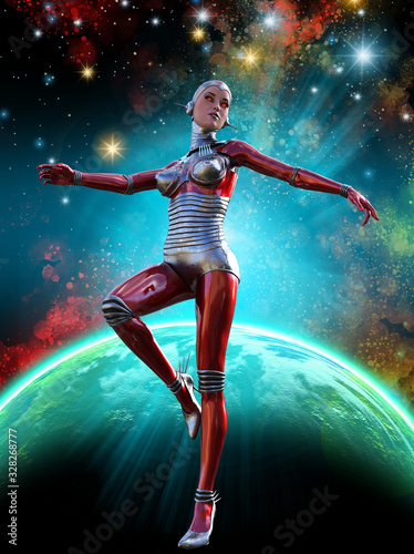 girl in a metallic dress, flying in space