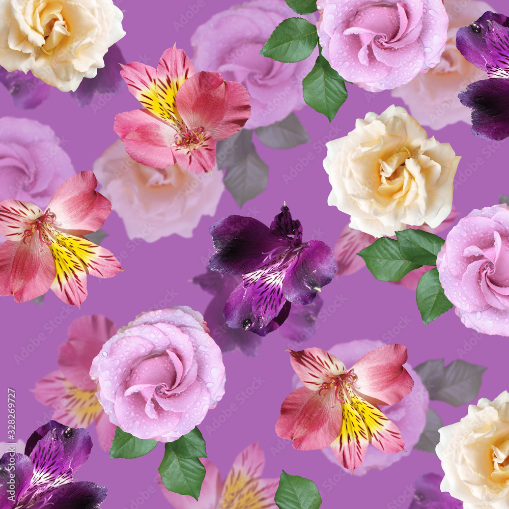 Obraz Piękny kwiatowy tło róż i alstremerii. Odosobniony