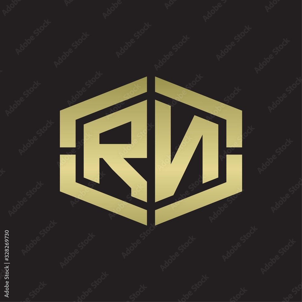 RN Logo monogram with hexagon shape and piece line rounded design tamplate on gold colors RN Logo monogram with hexagon shape and piece line rounded design tamplate on gold colors