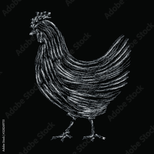 Chicken , rooster chalk vector isolated illustration on black background. Concept for logo, menu, cards    