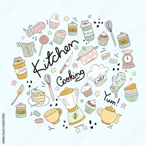 Design elements of kitchen utensils and household appliances. Cooking flat hand drawn illustrations set. Everything for making desserts. Scandinavian style.