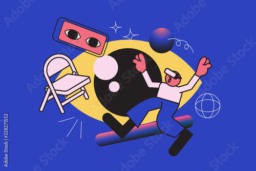 Vector cartoon illustration about virtual reality, VR in modern style, abstract element. filled outline
