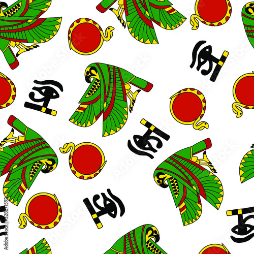 Ancient egyptian characters vector seamless pattern. Colorful green Ra god falcon, the eye of Horus and yellow snake with red sun disk on white background. Endless stylized pattern for wallpaper. photo
