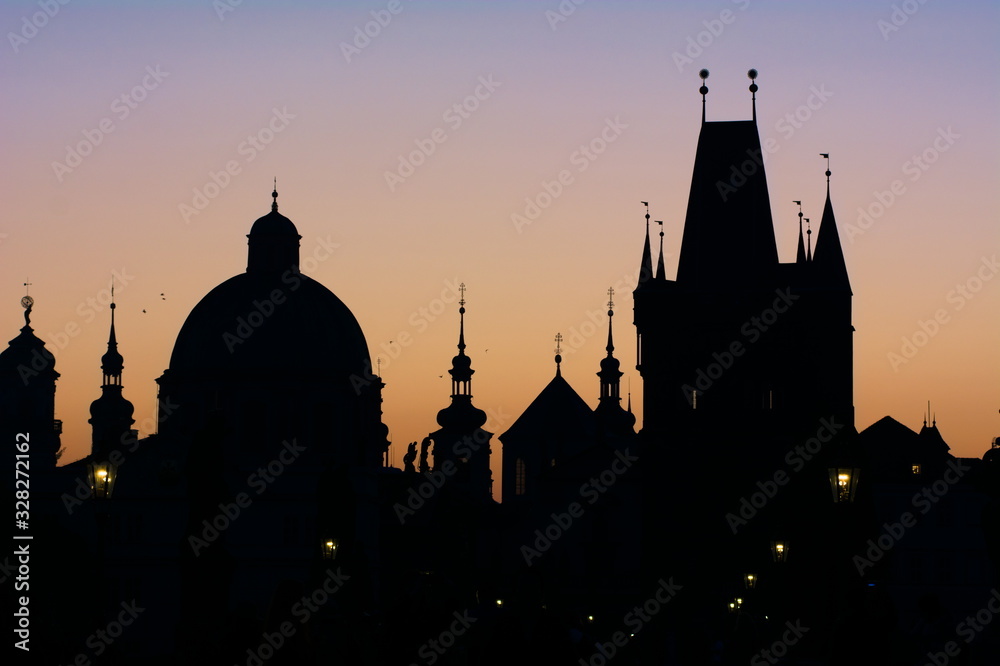Prague's skyline at sunrise, from Charles Bridge