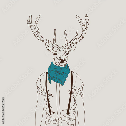 Wallpaper Mural Illustration of hipster deer dressed up in shirt with a turquoise scarf. furry art illustration, fashion animals, hipster animals, anthropomorphism. Vector illustration Torontodigital.ca