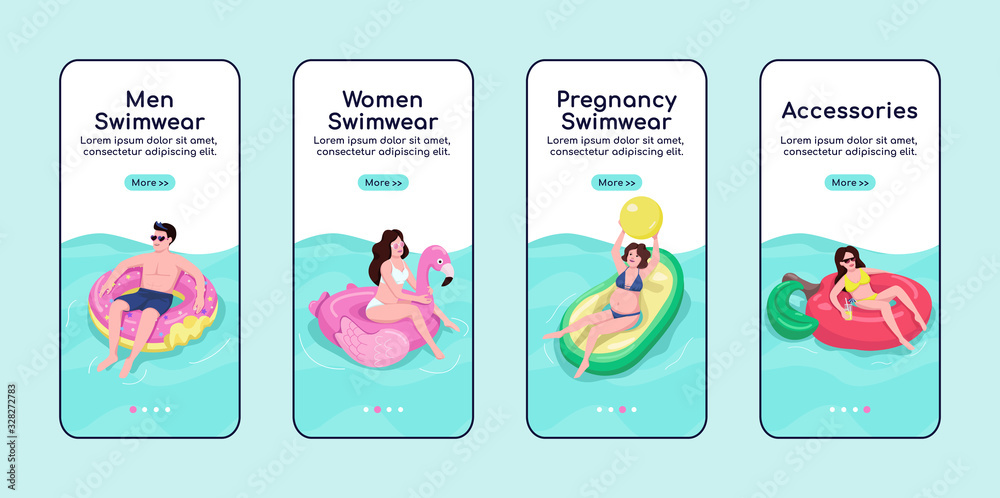 Fototapeta premium Women and men swimwear onboarding mobile app screen flat vector template. Swimsuits for pregnant. Walkthrough website steps with characters. UX, UI, GUI smartphone cartoon interface, case prints set