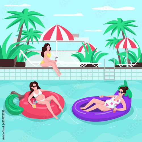 Family summer tour flat color vector illustration. Girl in sunglasses. Female with drink. People on inflatable water rings. Pregnant woman 2D cartoon characters with loungers on background