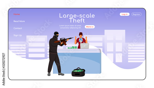 Large scale theft landing page flat color vector template. Armed robbery. Man pointing machine gun at employee. Homepage layout. One page website interface with cartoon character. Web banner, webpage