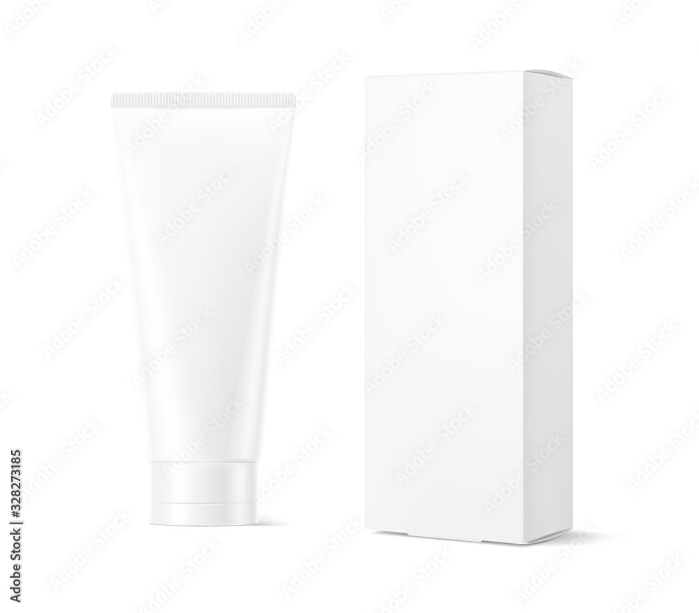 Blank plastic tube for cosmetics. Front view. Vector illustration isolated on white background. Can be use for your design, advertising, promo and etc. EPS10.