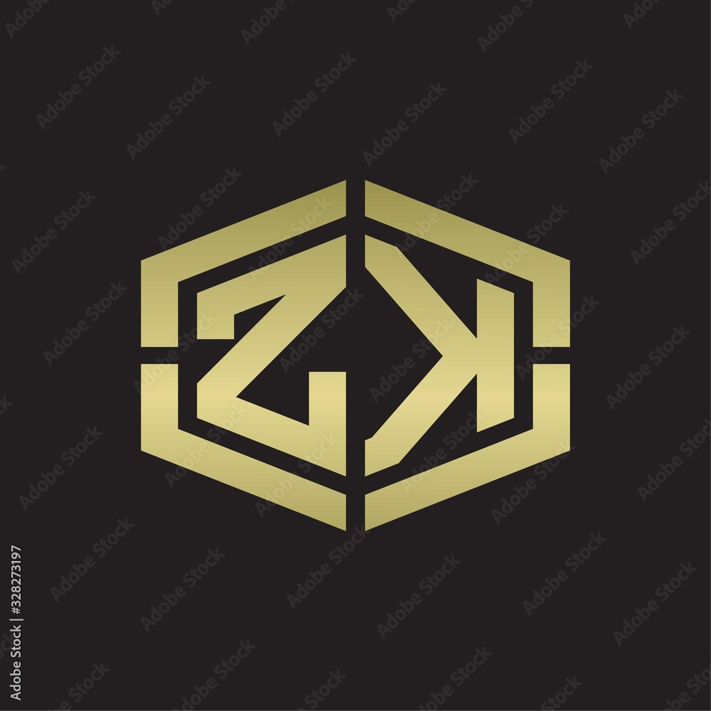 ZK Logo monogram with hexagon shape and piece line rounded design tamplate on gold colors ZK Logo monogram with hexagon shape and piece line rounded design tamplate on gold colors