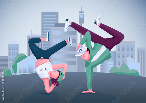 Urban dancers flat color vector illustration. Hip hop contemporary dance performers 2D cartoon characters. Breakdance performance, b boying show with modern cityscape on background