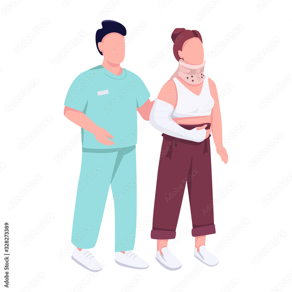 Hospital patient with broken hand and traumatologist flat color vector  faceless character. Female with arm and neck injury isolated cartoon  illustration for web graphic design and animation Stock Vector | Adobe Stock