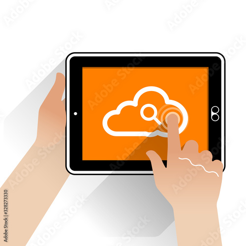 A held Tablet PC connected to the internet. A finger of the right hand taps the interactive tablet screen which will action a web search.