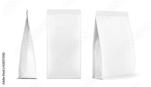 Realistic food bags isolated on white background. Front, side and isometric view. Vector illustration. Can be use for template your design, presentation, promo, ad. EPS 10.	
