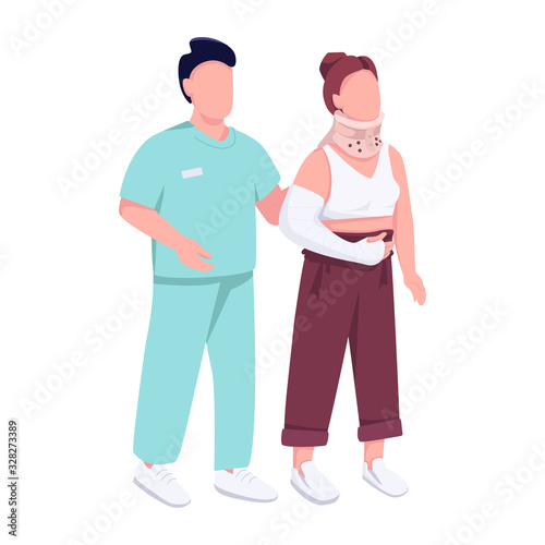 Hospital patient with broken hand and traumatologist flat color vector faceless character. Female with arm and neck injury isolated cartoon illustration for web graphic design and animation