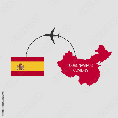 Covid-19, middle East respiratory syndrome coronavirus, icon of departure of coronavirus-charged plane from China and arriving in Spain.