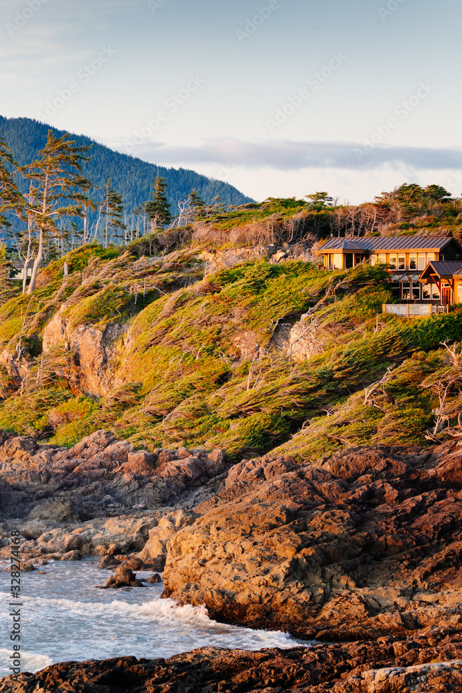 Tofino, coastline and house at sunset. Vancouver Island, British Columbia,Canada