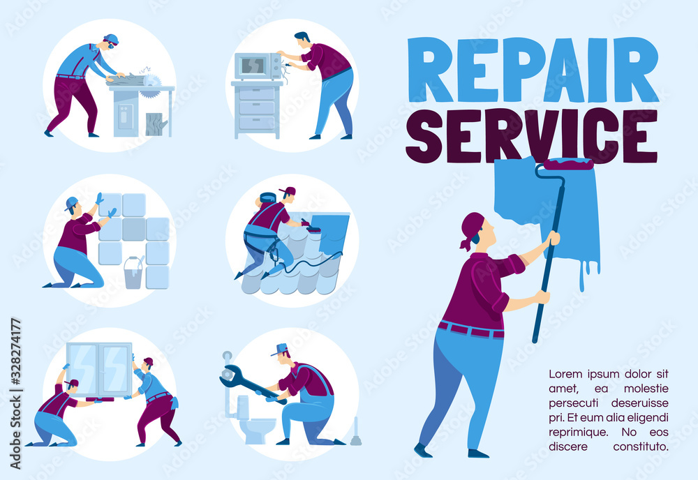 Repair service poster flat vector template. Plumber with wrench. Carpenter with trunk. Brochure, booklet one page concept design with cartoon characters. Professional handyworker flyer, leaflet