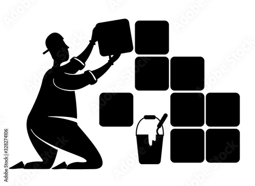 Laying ceramic tiles black silhouette vector illustration. Home repair services. House renovation. Working person pose. Repairman 2d cartoon character shape for commercial, animation, printing