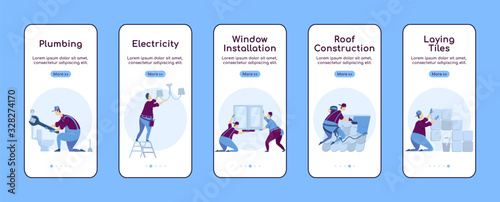 Home repair onboarding mobile app screen flat vector template. Window installation. Walkthrough website steps with characters. UX, UI, GUI smartphone cartoon interface, case prints set