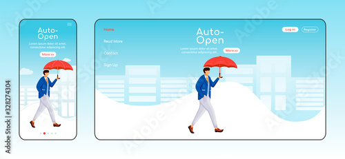 Auto open umbrella landing page flat color vector template. Mobile display. Man in jacket homepage layout. Rainy weather one page website interface, cartoon character. Walking caucasian guy webpage