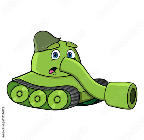 upset cartoon tank with face. hint of lack of erection .vector .isolated on white background