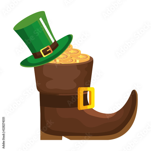 leprechaun boot with top hat and coins vector illustration designicon