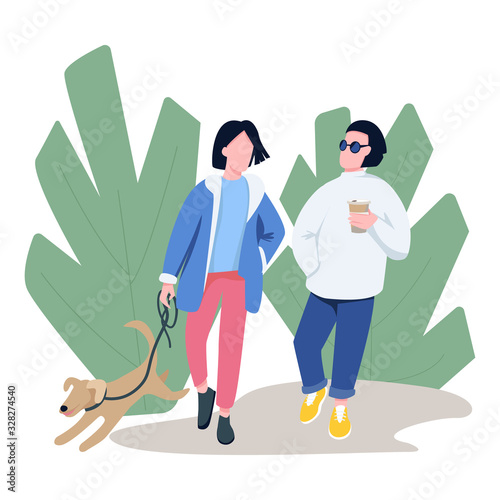 Friends walking with pet flat color vector faceless characters. Dog owner, pet lover strolling with neighbour in park isolated cartoon illustration for web graphic design and animation