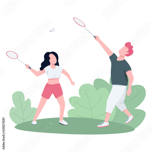 Couple playing badminton outdoors flat color vector faceless characters. Friends, siblings enjoy open air game, active rest isolated cartoon illustration for web graphic design and animation