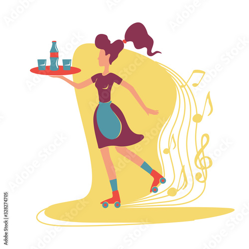 Retro restaurant serving 2D vector web banner, poster. Old fashioned cool roller waitress holding tray in hand flat characters on cartoon background. Printable patches, colorful web elements