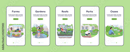 City green zones onboarding mobile app screen flat vector template. Urban agriculture. Walkthrough website steps with characters. UX, UI, GUI smartphone cartoon interface, case prints set