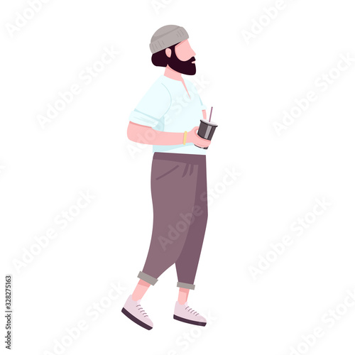 Hipster guy with coffee to go flat color vector faceless character. Fashion, stylish bearded man holding disposable take away cup isolated cartoon illustration for web graphic design and animation