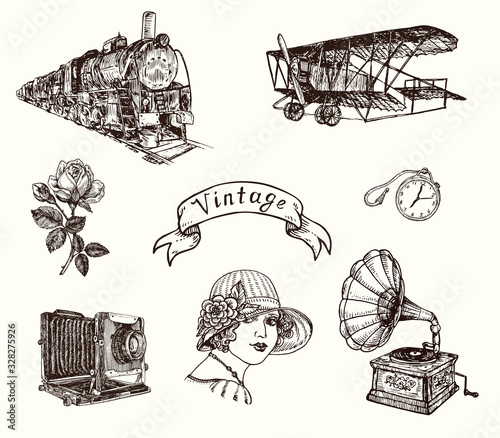 Vintage gravure style, train, airplane, rose flower, chain watches, photo camera, fashionable girl portrait in hat, phonograph, hand drawn sketch illustration, isolated design element