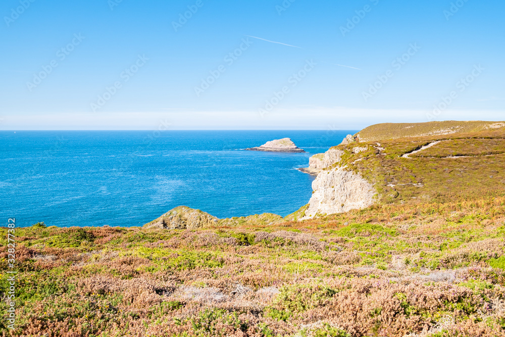 Landscape of the Brittany coast in the Cape Frehel region with its beaches, rocks and cliffs in summer.