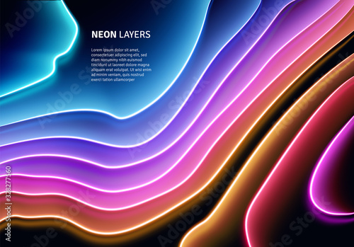 Neon glass layers stacked with reflections for 80s or 90s styled abstract background in synthwave, retrowave or cyberpunk shiny neon style