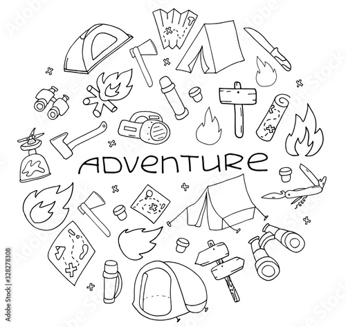 Hand drawn camping and hiking elements, isolated on white background. Lettering Adventure