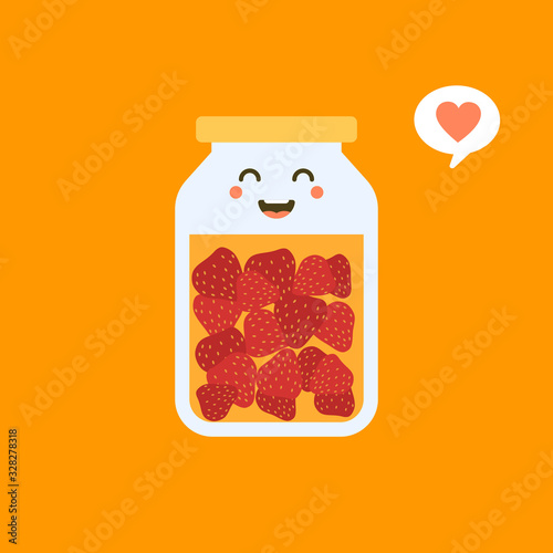 kawaii and cute strawberry in jar. Canned fruits. Tinned goods product stuff, preserved food, supplied in a sealed can. Isolated. Vector flat illustration.  Flat design style for your mascot branding.